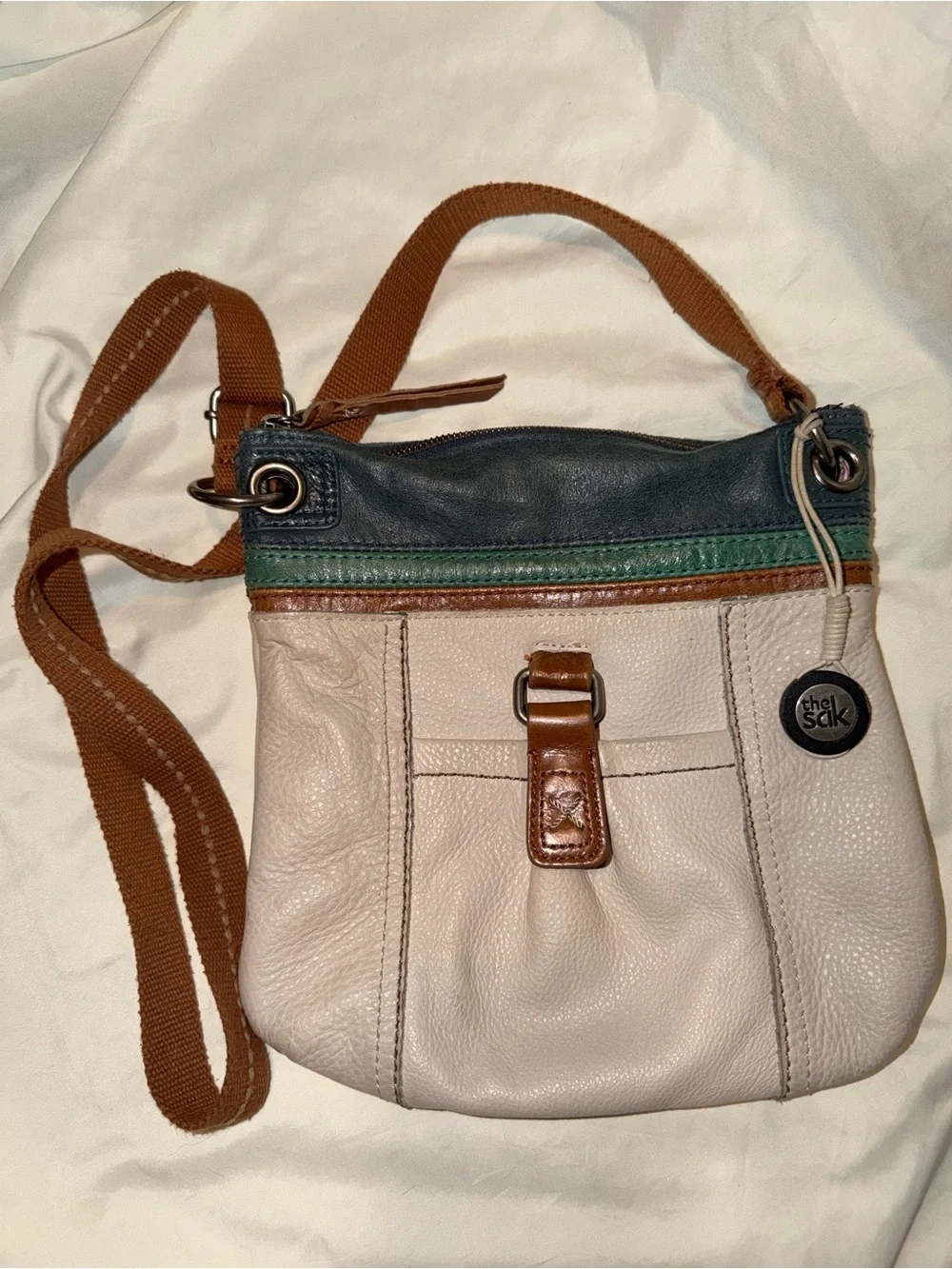 The Sak Cream Leather Crossbody with Blue & Brown Trim Vintage Y2K Leather